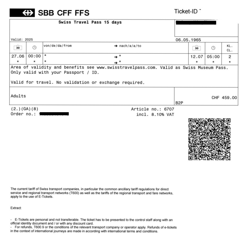 Swiss Travel Pass 15天連續憑證